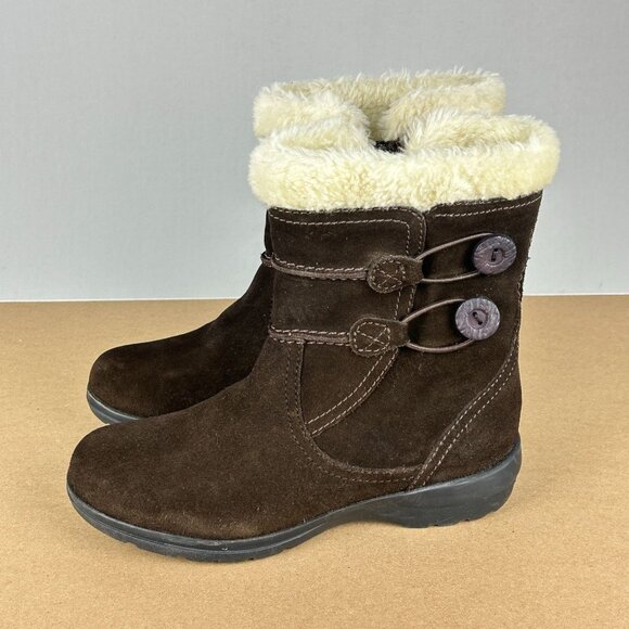 Clarks Bendable Suede Side Zip Boots Womens 6.5 Brown Faux Fur Cuff - Picture 1 of 9